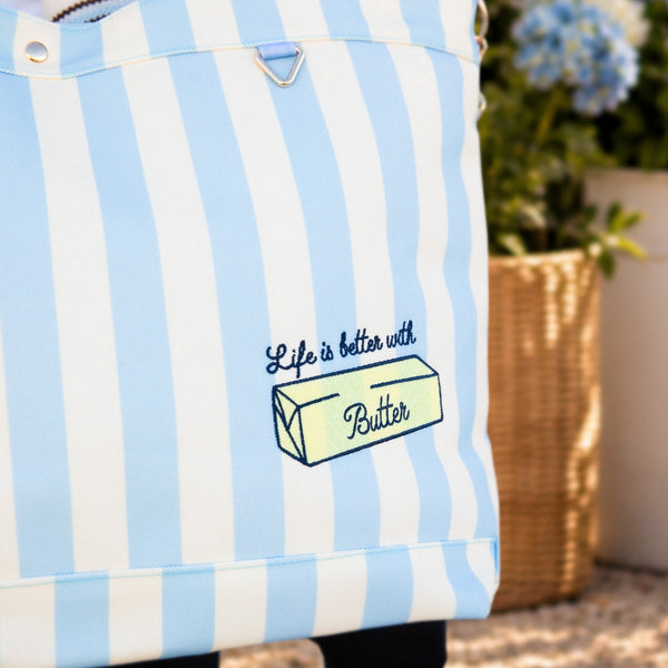 Better With Butter Tote Bag, striped blue and white tote with 'Life is better with Butter' embroidery