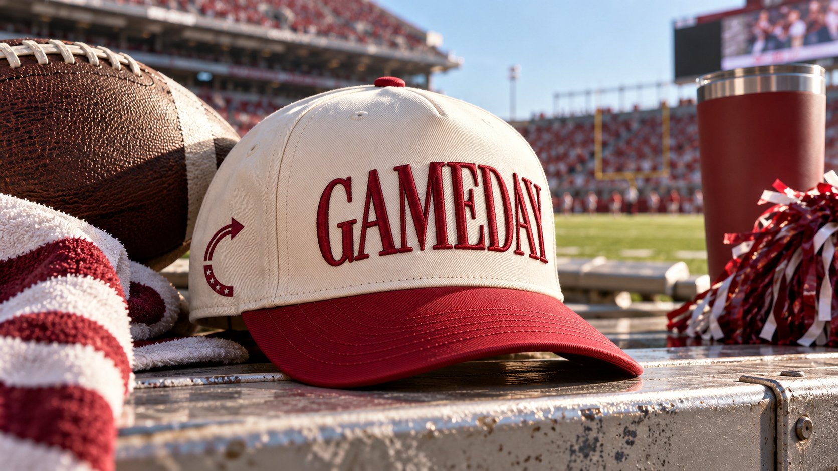 Cream and maroon GAMEDAY hat on stadium bleachers with a football, tumbler and pom-pom